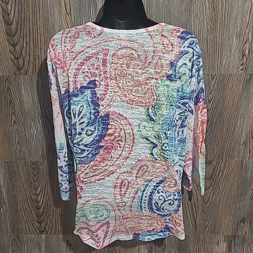 Jess & Jane Burnout 3/4 Sleeve Shirt Size L Multicolor Paisley Artsy Semi-Sheer - Picture 6 of 9